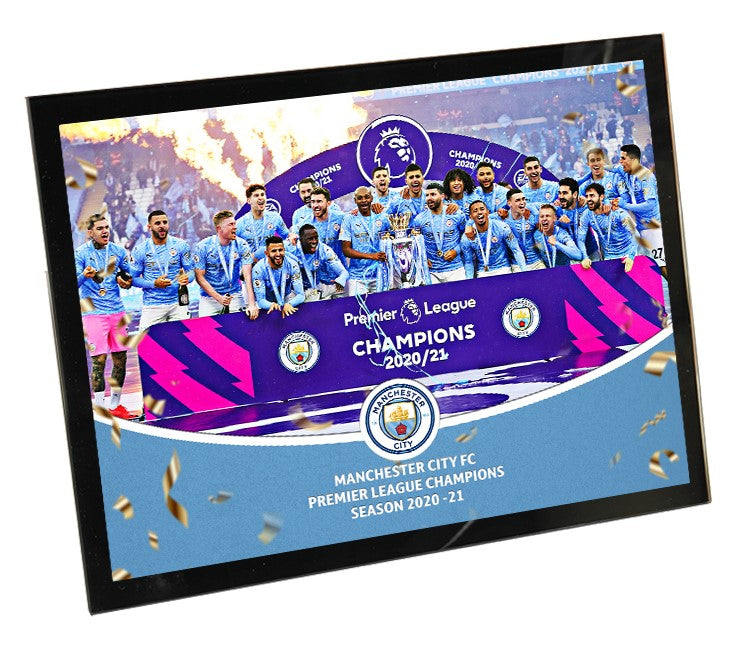 Manchester City Premier League Winners 2020/21 Tempered Glass Framed Print - 8 x 6 Inch