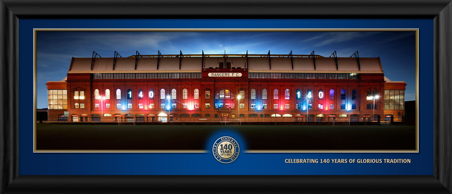 30x11" Ibrox 140 Celebration Exterior Panoramic Framed Print