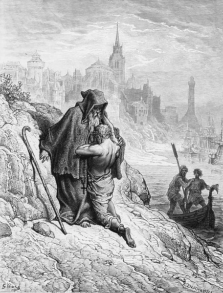 The Mariner begs the Hermit to give him absolution from his sin, scene from The
