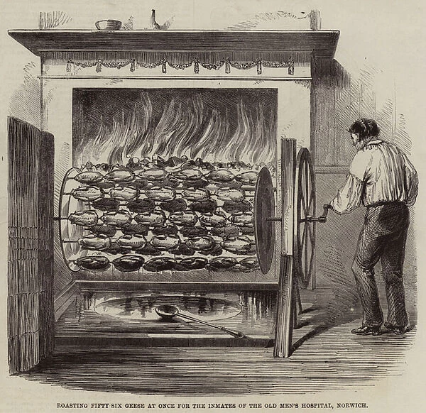 Roasting Fifty-Six Geese at once for the Inmates of the Old Mens Hospital, Norwich (engraving)