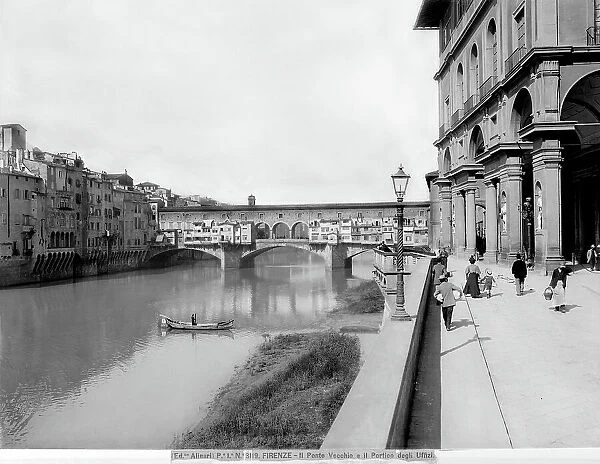 View of Ponte Vecchio from Lungarno Maria Luisa de Medici. On the right the Uffizi loggia