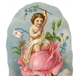 Label, Cherub with Love Letter riding in a rose