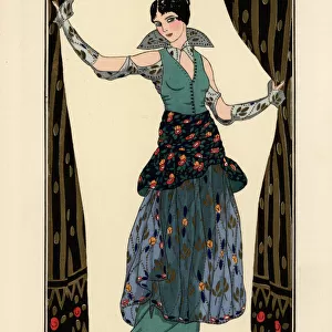 Woman in dress of taffeta and printed chiffon
