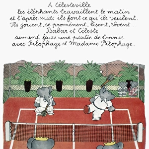 Babar, king of the elephants, and Celeste playing tennis at Celesteville. Illustration from one of Jean de Brunhoffs Babar books, 1930s