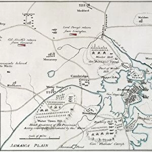Engraved map of Boston, Massachussetts, and the road to Concord, as well as British and rebel camps, 1775