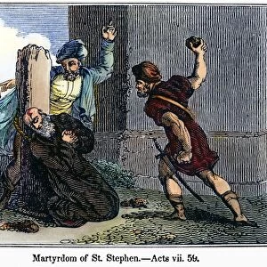 MARTYRDOM OF ST. STEPHEN. St. Stephen stoned to death in Jerusalem, c35 A. D. Wood engraving, American, c1840