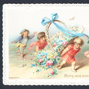 Children and cherubs pulling basket of flowers, Christmas Card (chromolitho)