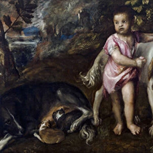 Garcon avec un chien dans un paysage (Boy with Dogs in a Landscape) - Oil on canvas (99, 5x117 cm), by Tiziano Vecellio ( Le Titien) (1485-1576), 1565-1576 - Museum Boijmans Van Beuningen, Rotterdam