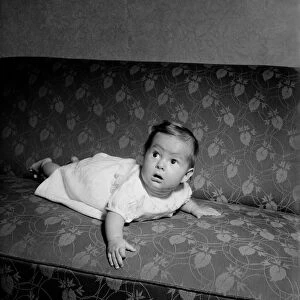 Baby crawling on the sofa at his home. August 1952 C3999