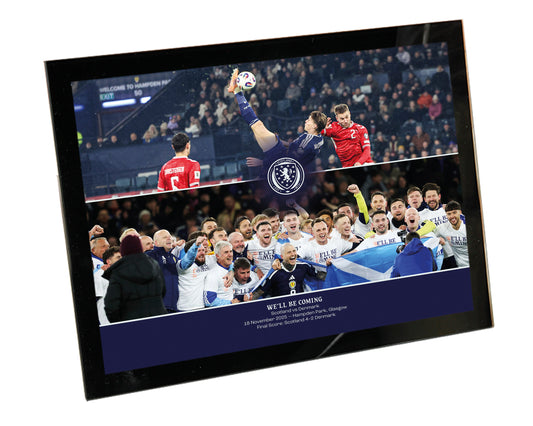 WE'LL BE COMING Scotland v Denmark WCQ 2025 Overhead Kick & Team Celebration Montage Framed Print 8x6