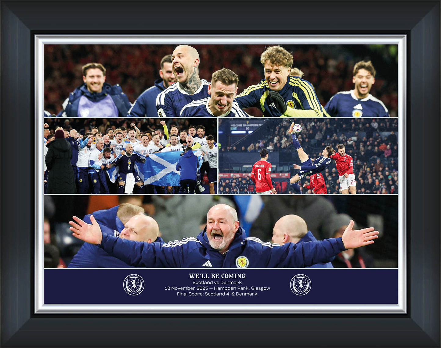Scotland FA WE'LL BE COMING Scotland v Denmark WCQ 2025 Team & Manager Celebration Montage Framed Print - 16 x 12