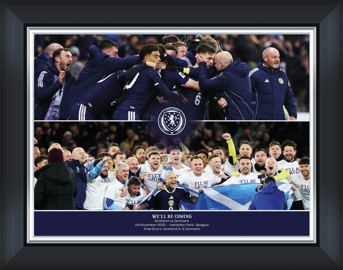 Scotland FA WE'LL BE COMING Scotland v Denmark WCQ 2025 Squad Celebration Montage Framed Print - 16 x 12