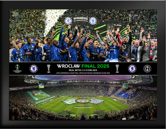 Chelsea UEFA Conference Winners - Trophy Lift & Line Up Tempered Glass Framed Print 6 x 8