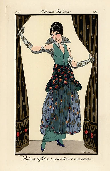 Woman in dress of taffeta and printed chiffon