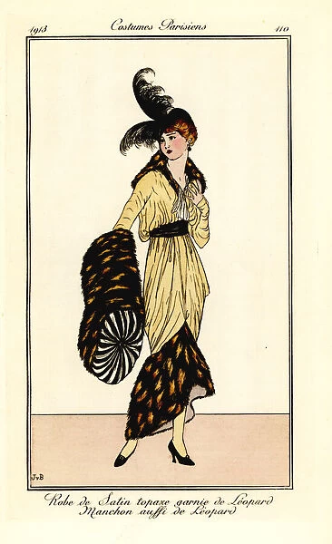 Woman in topaz satin dress trimmed with leopard fur, 1913