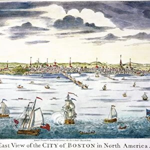 VIEW OF BOSTON, c1731-36. South-East View of Boston. Line engraving, English, c1764, showing the city as it appeared c1731-36